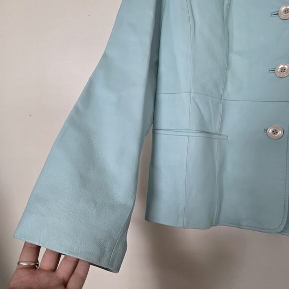 Vintage Baby Blue Leather Jacket Womens L Button Up Moto Y2K 90s Lined Pastel - Picture 3 of 11